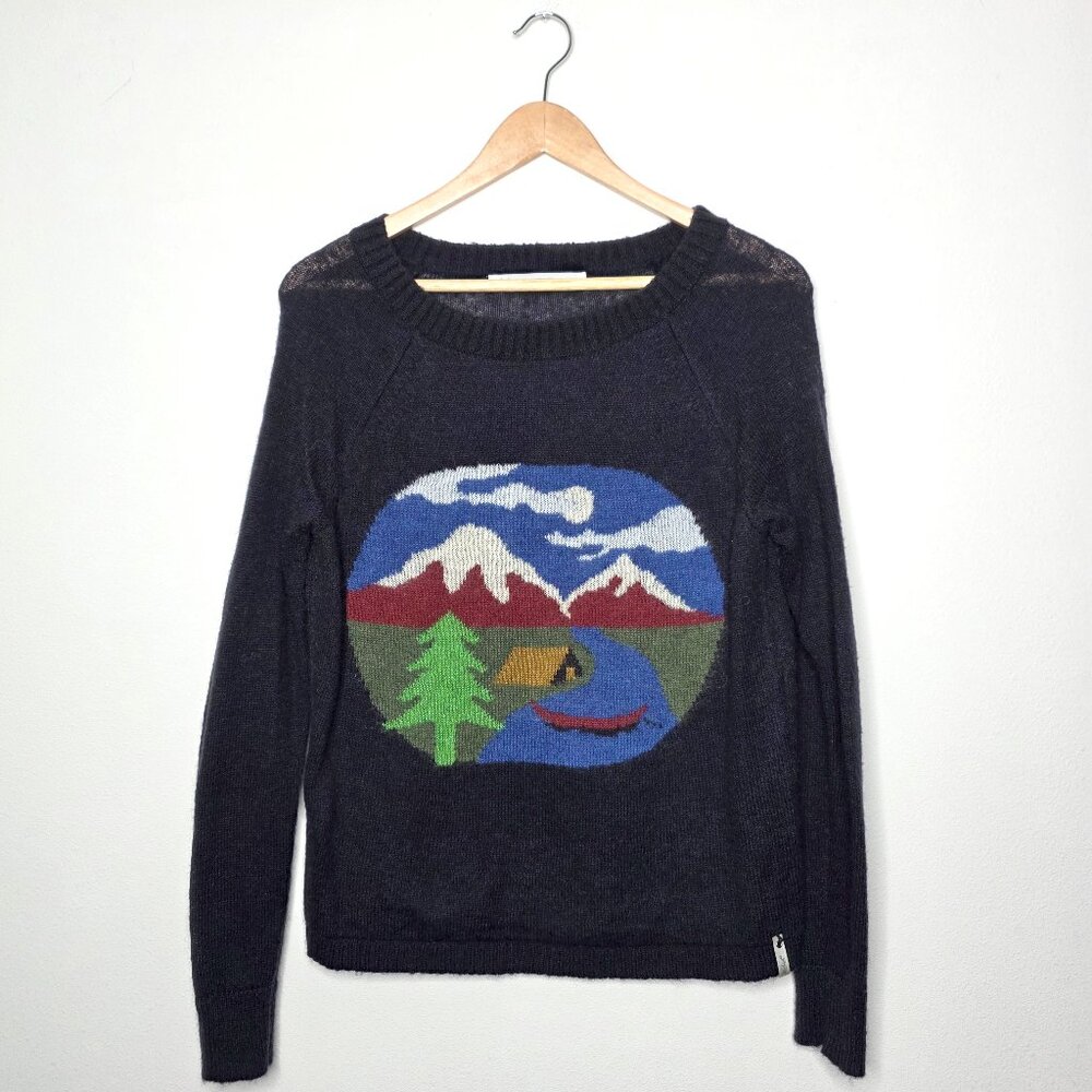 Woolrich Scenic Graphic Wool Mohair Blend Knit Sweater Mountain Camp Landscape